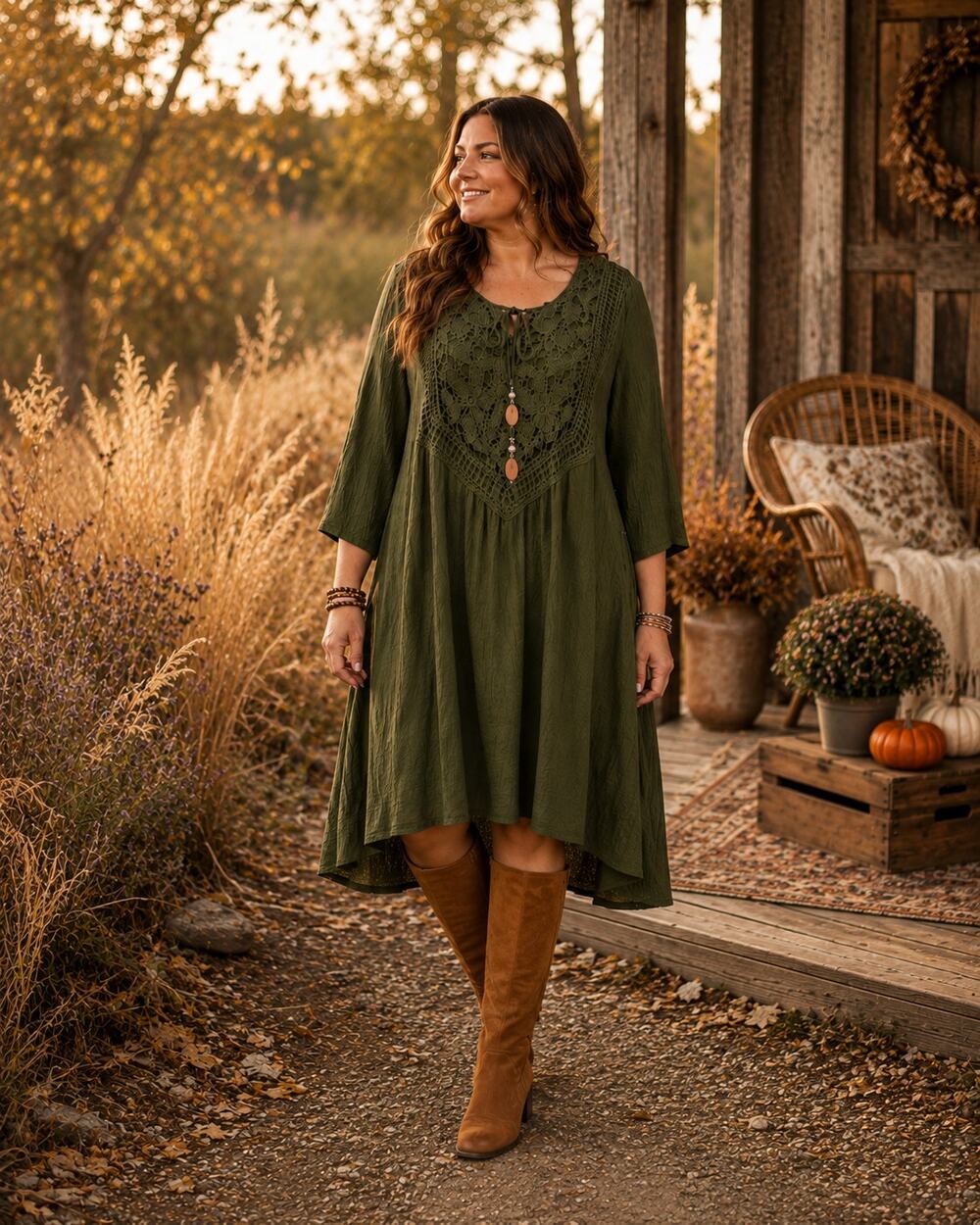 Indigo Rose 2X Olive Green Crochet Lace Boho Dress Wooden Beads